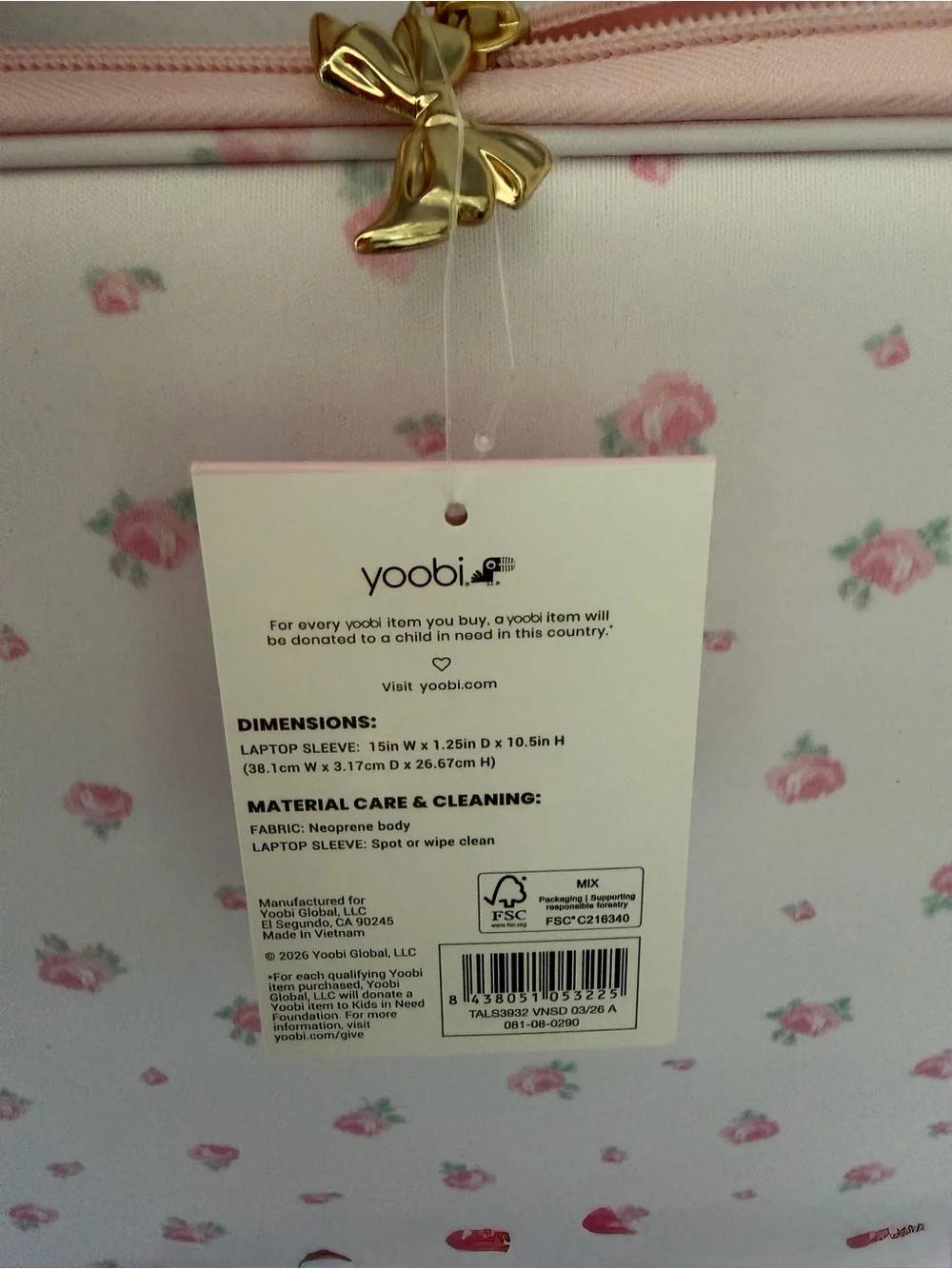 LoveShackFancy Floral 15in Laptop Sleeve Blooming Heirloom Ditsy Gold Bow Charm